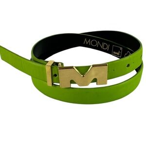 Vintage MONDI Lime Green Genuine Leather Belt With M Logo Buckle Size 30
